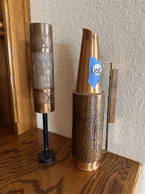 Lot 105: Mid-Century Brutalist copper decorative vase and metal accent in this estate finds online auction.