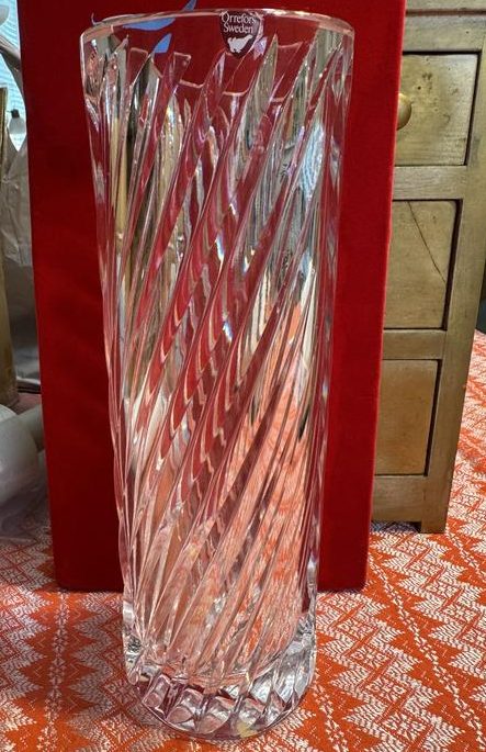 Tall Orrefors crystal vase with spiral-cut design