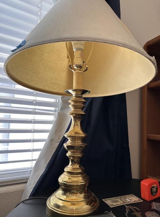 Traditional polished brass table lamp with fabric shade