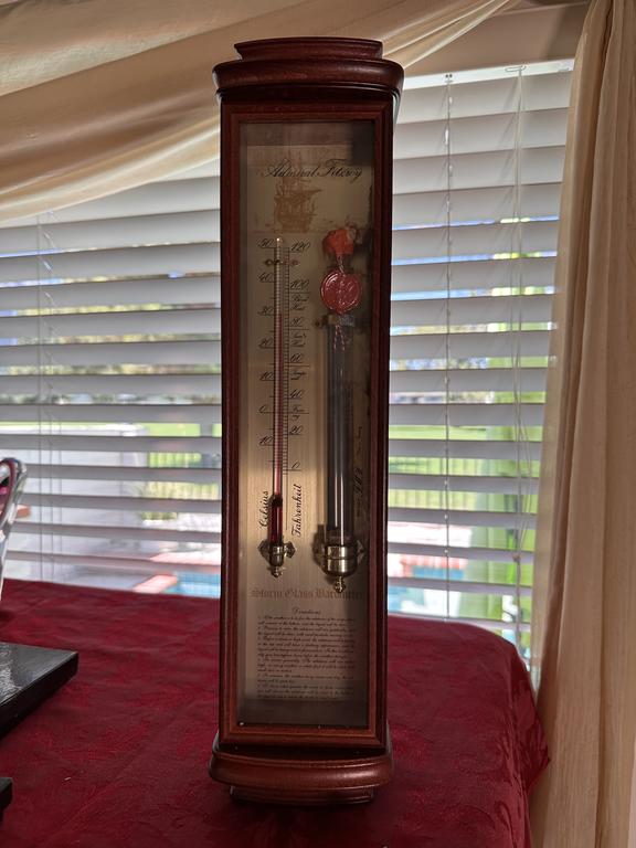 Wood-cased Admiral Fitzroy storm glass and thermometer